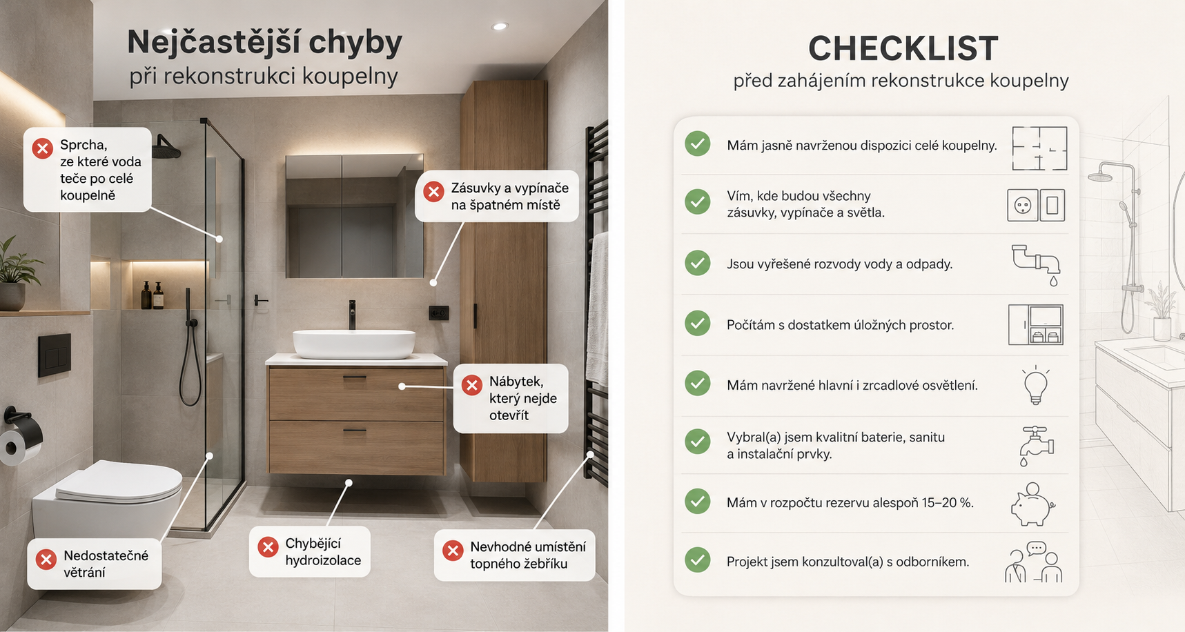 Nejčastější chyby při rekonstrukci koupelny a checklist před zahájením rekonstrukce