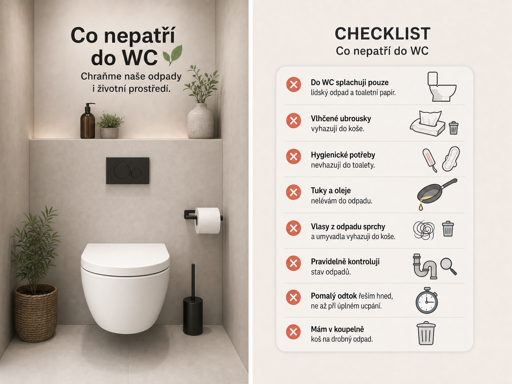 Co nikdy nepatří do WC – vlhčené ubrousky, hygienické potřeby a další odpad