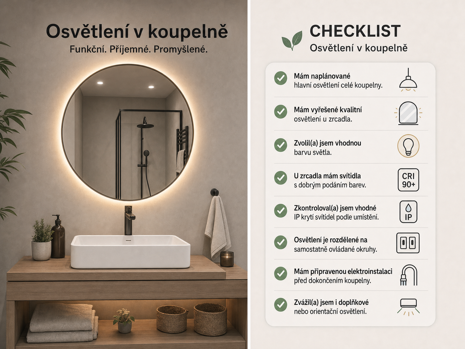 Jak správně naplánovat osvětlení koupelny – hlavní světlo, zrcadlo a orientační osvětlení