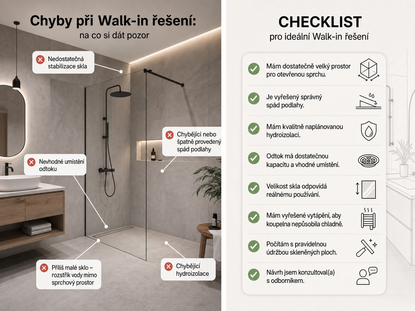 Walk-in sprcha – kdy se vyplatí a na co si dát pozor při návrhu koupelny