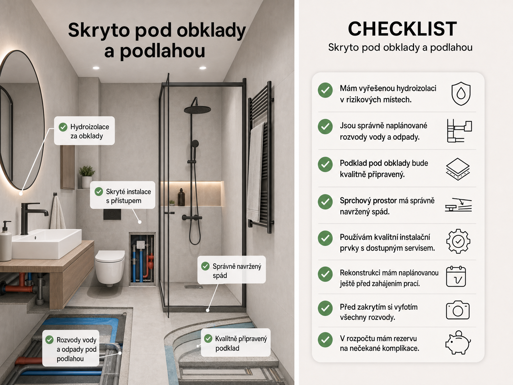 Co je skryté pod obklady – hydroizolace, rozvody vody a spády v koupelně