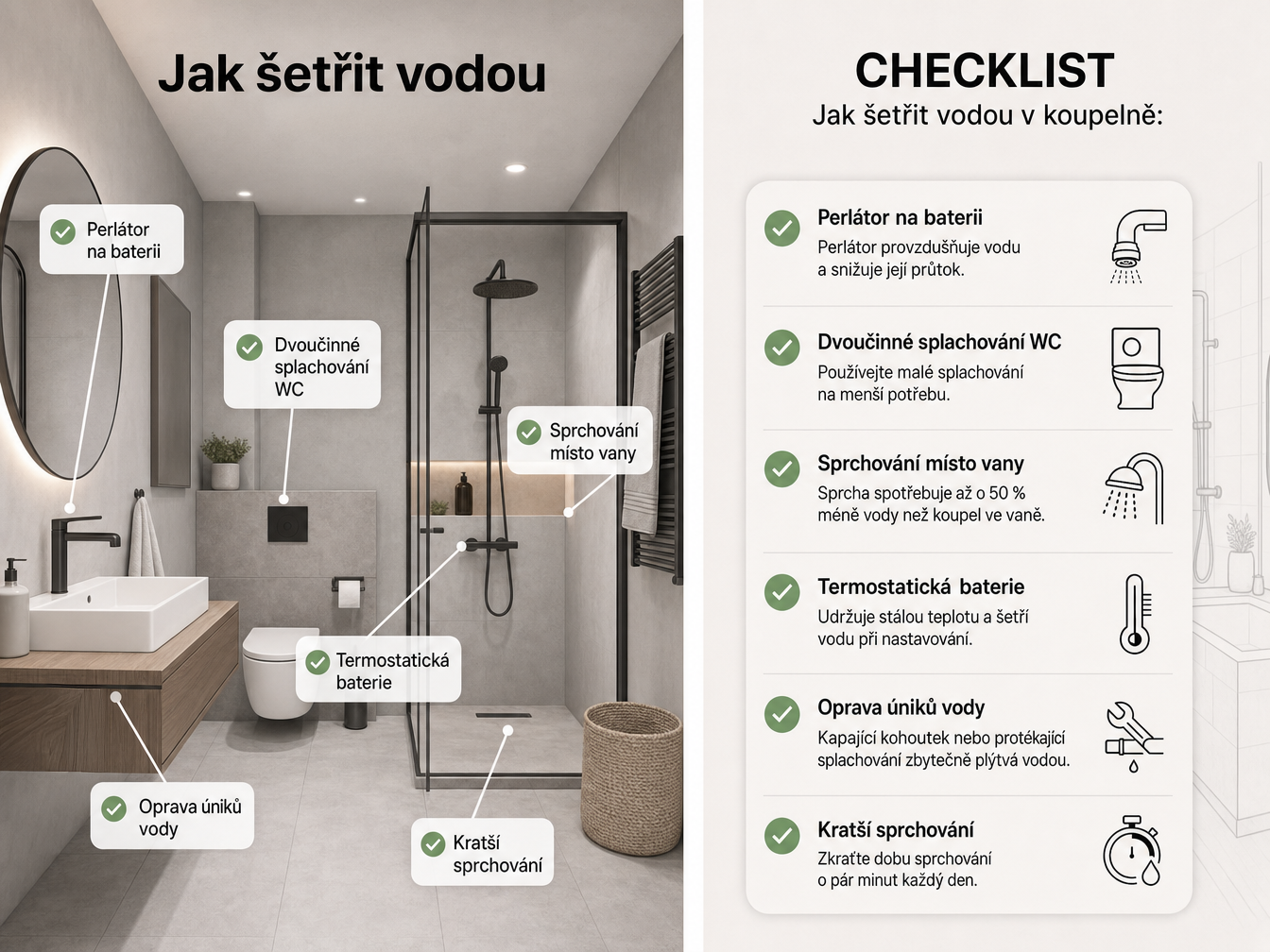 Jak ušetřit vodu v koupelně – úsporné baterie, sprchové hlavice a WC splachování