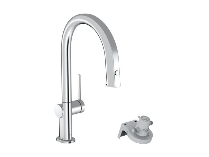 Hansgrohe Aqittura M91 Dřezová baterie s výsuvnou koncovkou a filtrační hlavicí, sBox, chrom