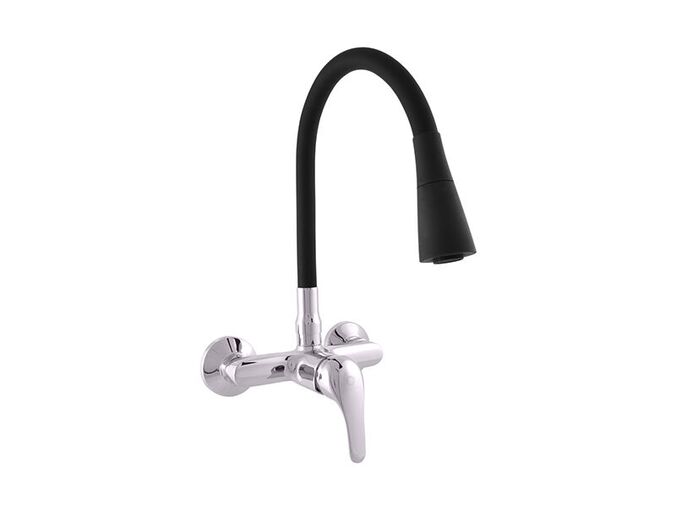 RAV Slezák Sázava baterie dřezová nástěnná s otočným černým flexi ramínkem, sprchou, rozteč 150 mm, chrom