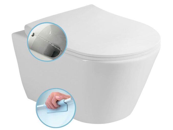 Sapho AVVA CLEANWASH závěsná WC mísa, s bidetovou sprškou, Rimless, 35,5x53cm, bílá