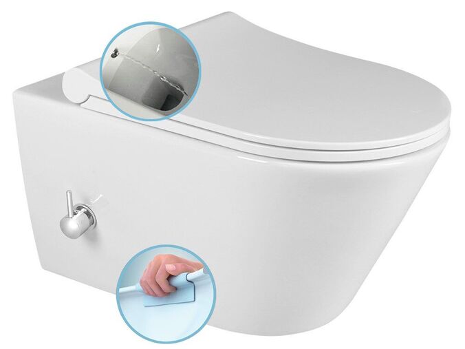 Sapho AVVA CLEANWASH závěsná WC mísa, integrovaná baterie a bidet. sprška, Rimless, 35,5x53cm, bílá
