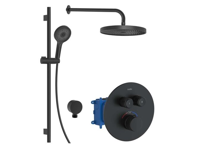 kielle Oudee Sprchový set s termostatickou baterií pod omítku, pro 2 spotřebiče, s příslušenstvím a tělesem, matná černá