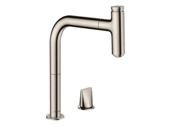 Hansgrohe Metris M71 Dřezová baterie M7119-H200 s výsuvnou sprškou, 2-otvorová instalace, sBOX, vzhled nerezu