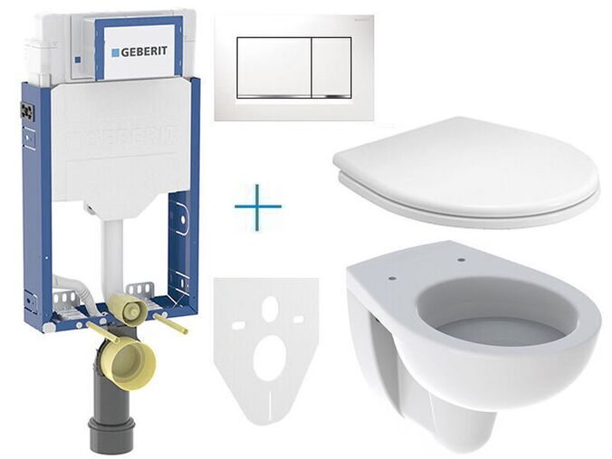 Geberit + Kolo Set předstěnové instalace Kombifix + klozet a sedátko Kolo Rekord + tlačítko Sigma30, bílá/chrom lesk