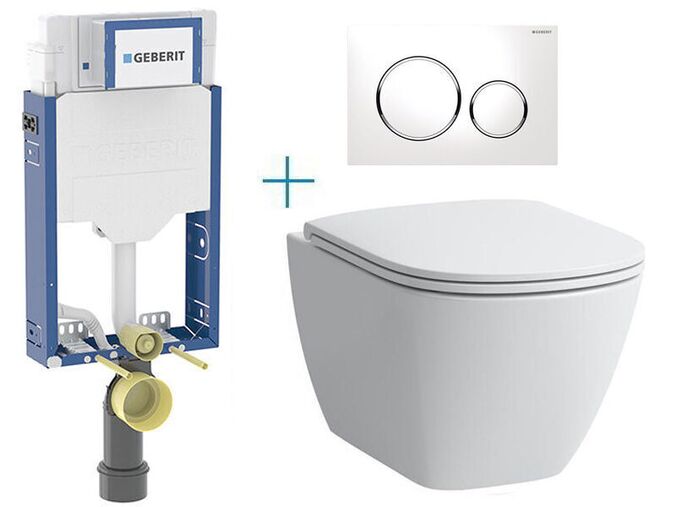 Geberit + Laufen Set předstěnové instalace Kombifix + rimless klozet a sedátko se SoftClose Laufen Lua + tlačítko Sigma20 Round, bílá/chrom lesk