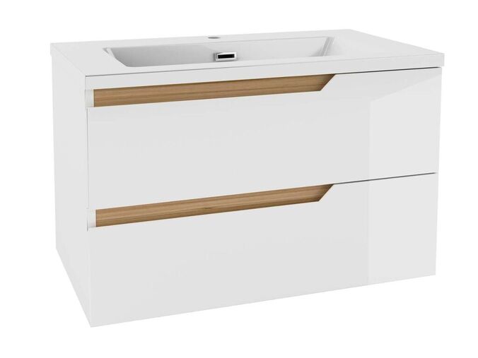 kielle Oudee Skříňka s umyvadlem 80 cm, lesklá bílá/tmavý dub