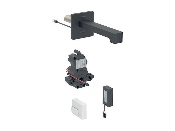 Geberit Brenta nástěnná umyvadlová baterie, 22 cm, napájení z baterie, pro funkční box pod omítku, bez směšovače, černá mat easy-to-clean