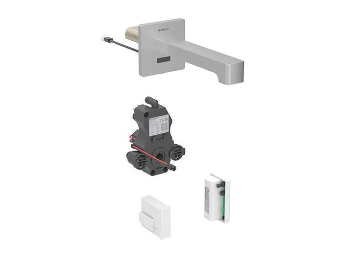 Geberit Brenta nástěnná umyvadlová baterie, 22 cm, napájení z generátoru, pro funkční box pod omítku, se směšovačem, nerezová ocel kartáčovaná easy-to-clean