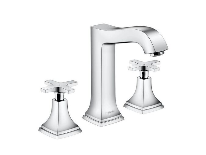 Hansgrohe Metropol Classic Tříotvorová umyvadlová baterie 160 s rukojetí ve tvaru kříže, s odtokovou soupravou s táhlem, chrom