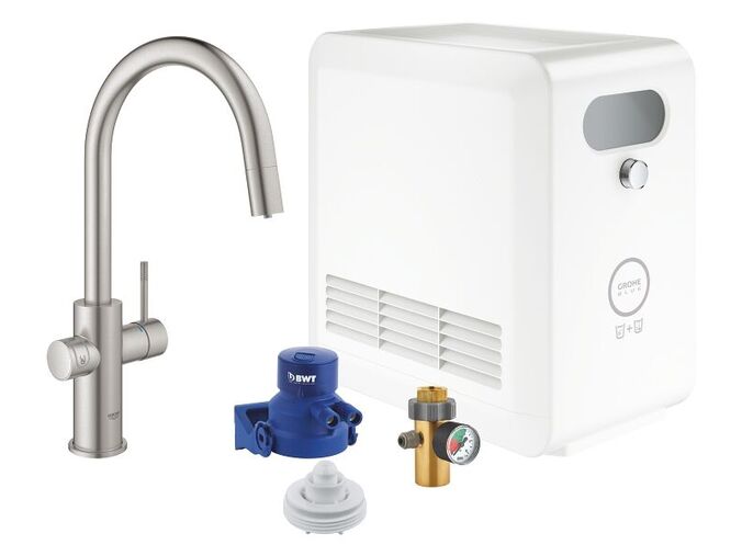 Grohe Blue Professional Dřezová baterie s chladicím zařízením a filtrací, výsuvná sprška, supersteel
