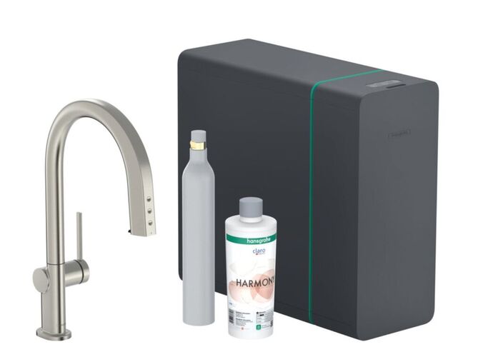 Hansgrohe Aqittura M91 Dřezová baterie s výsuvnou koncovkou, SodaSystem, sBox, vzhled nerezu
