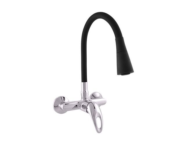Slezák-RAV CZ Sázava baterie dřezová nástěnná s otočným černým flexi ramínkem, sprchou, rozteč 100 mm, chrom