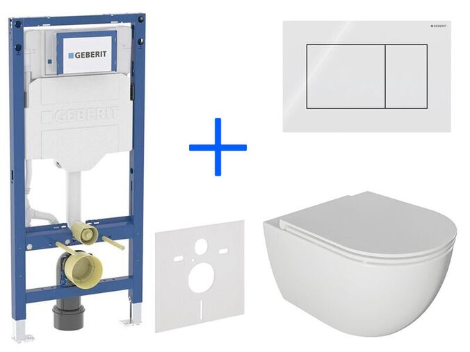 Geberit + kielle Set předstěnové instalace Duofix + rimless klozet a sedátko se SoftClose kielle Oudee + tlačítko Sigma01 Square, bílá
