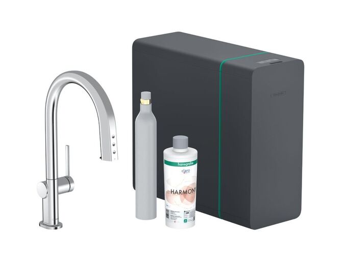 Hansgrohe Aqittura M91 Dřezová baterie s výsuvnou koncovkou, SodaSystem, sBox, chrom
