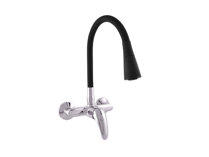 Slezák-RAV CZ Sázava baterie dřezová nástěnná s otočným černým flexi ramínkem, sprchou, rozteč 100 mm, chrom