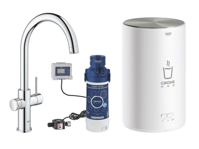 Grohe Red Dřezová baterie Duo s ohřevem vody a filtrací, zásobník M, chrom