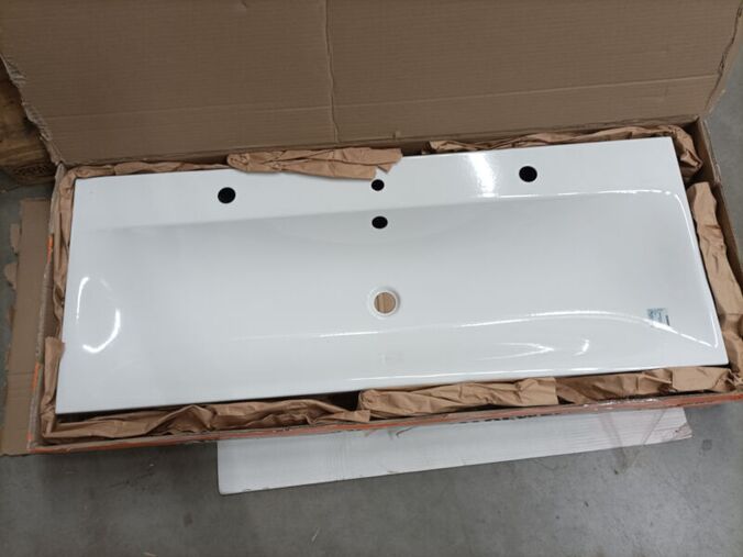 Kaldewei Silenio umyvadlo na desku 3049-D , 1200x460mm, s přepadem,2x1 otvor pro baterii a otvorem uprostřed pro dávkovač mýdla , alpská bílá, Perl-Effekt  - výprodej vzorku