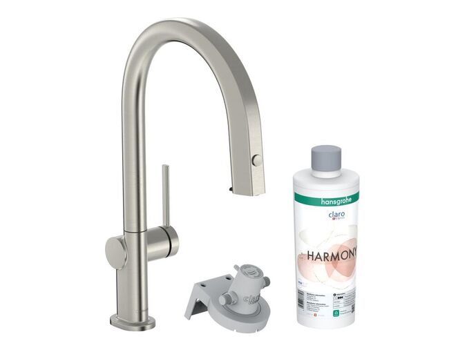 Hansgrohe Aqittura M91 Dřezová baterie s výsuvnou koncovkou a filtrací, sBox, vzhled nerezu