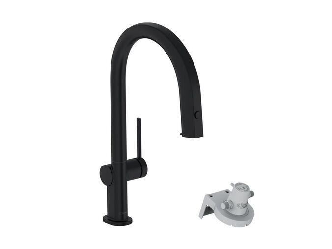 Hansgrohe Aqittura M91 Dřezová baterie s výsuvnou koncovkou a filtrační hlavicí, sBox, matná černá