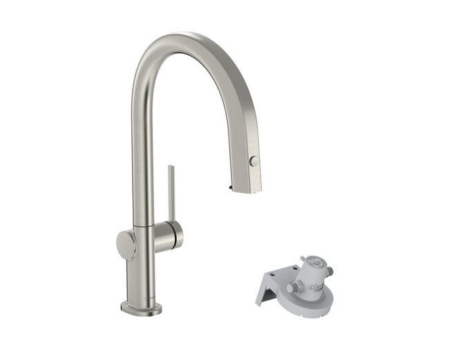 Hansgrohe Aqittura M91 Dřezová baterie s výsuvnou koncovkou a filtrační hlavicí, vzhled nerezu