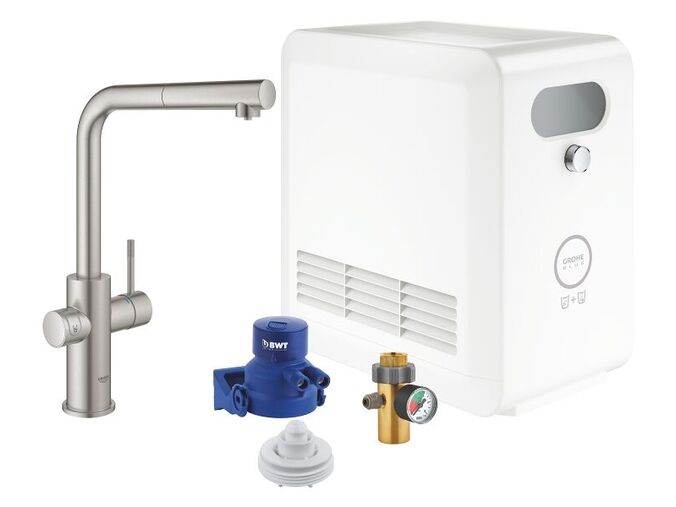 Grohe Blue Professional Dřezová baterie s chladicím zařízením a filtrací, výsuvná sprška, supersteel