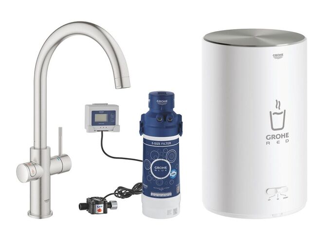 Grohe Red Dřezová baterie Duo s ohřevem vody a filtrací, zásobník M, supersteel