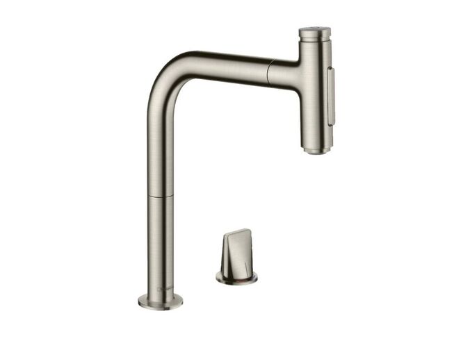 Hansgrohe Metris M71 Dřezová baterie M7120-H200 s výsuvnou sprškou, 2-otvorová instalace, sBOX, vzhled nerezu