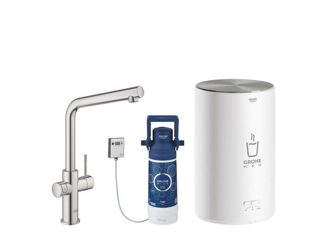 Grohe Red Dřezová baterie Duo s ohřevem vody a filtrací, zásobník M, supersteel