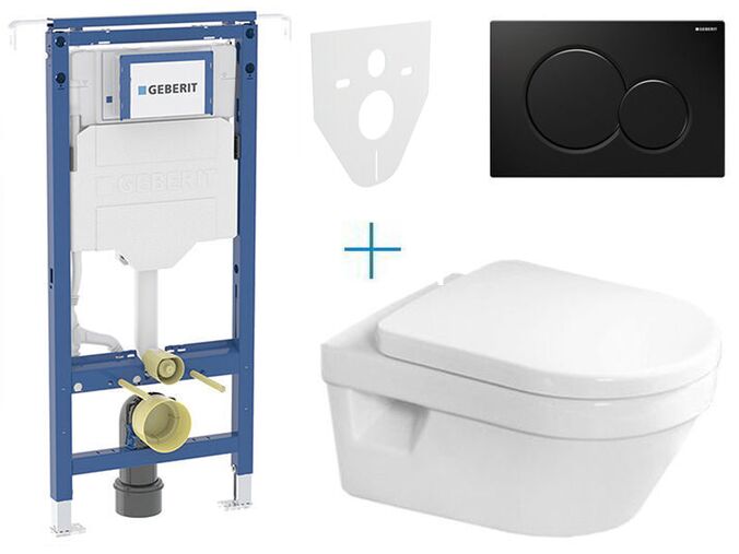 Geberit Duofix Special - sada pro závěsné WC 111.355.00.5 AZ + klozet a sedátko se softclose Villeroy & Boch Architectura + tlačítko Sigma01, černá