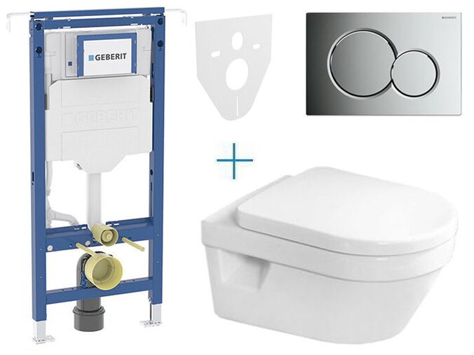 Geberit Duofix Special - sada pro závěsné WC 111.355.00.5 AZ + klozet a sedátko se softclose Villeroy & Boch Architectura + tlačítko Sigma01, lakovaný chrom mat easy-to-clean
