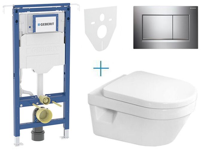 Geberit Duofix Special - sada pro závěsné WC 111.355.00.5 AZ + klozet a sedátko se softclose Villeroy & Boch Architectura + tlačítko Sigma30, chrom lesk/mat/lesk