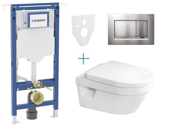 Geberit Duofix Special - sada pro závěsné WC 111.355.00.5 AZ + klozet a sedátko se softclose Villeroy & Boch Architectura + tlačítko Sigma30, lakovaný chrom mat easy-to-clean/chrom lesk