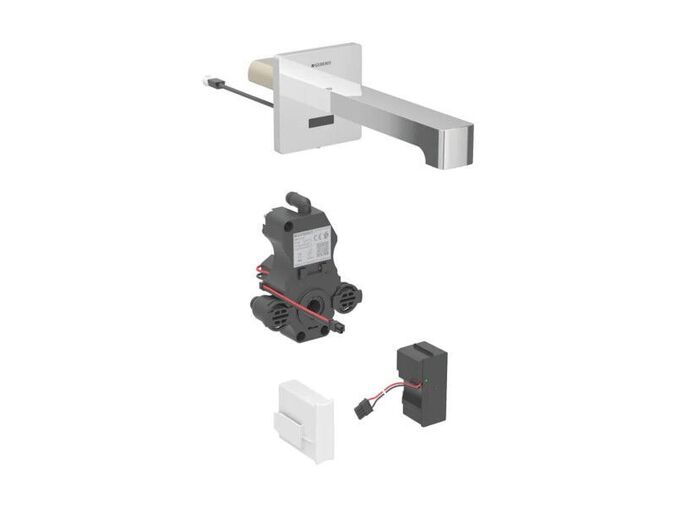 Geberit Brenta nástěnná umyvadlová baterie, 17 cm, napájení ze sítě, pro funkční box pod omítku, se směšovačem, chrom lesk