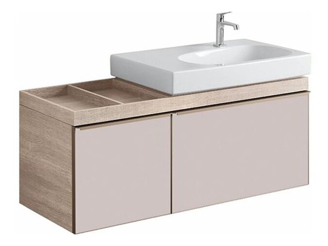 Geberit Citterio skříňka pod umyvadlo, se dvěma zásuvkami 118,4x50,4x55,4 cm, odkládací plocha vlevo, sklo lesklé/šedohnědá taupe, melaminová dřevěná struktura/béžový dub