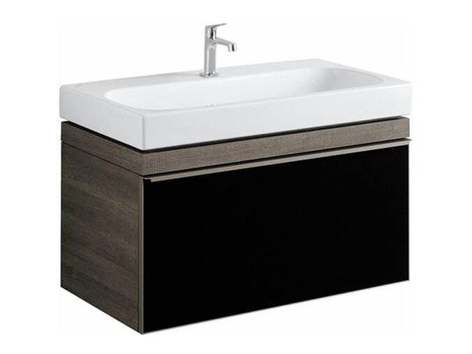 Geberit Citterio skříňka pod umyvadlo, se zásuvkou 88,4x50,4x55,4 cm, sklo lesklé/černé, melaminová dřevěná struktura/šedohnědý dub