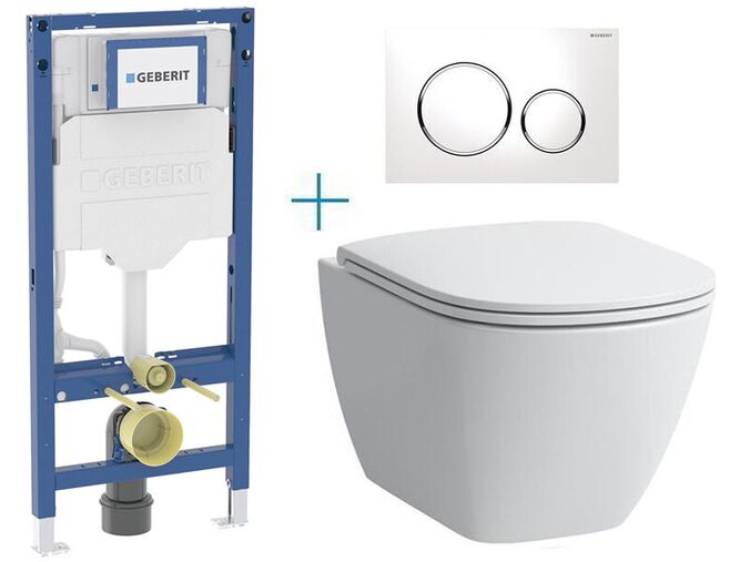 Geberit + Laufen Set předstěnové instalace Duofix + rimless klozet a sedátko se SoftClose Laufen Lua + tlačítko Sigma20 Round, bílá/chrom lesk