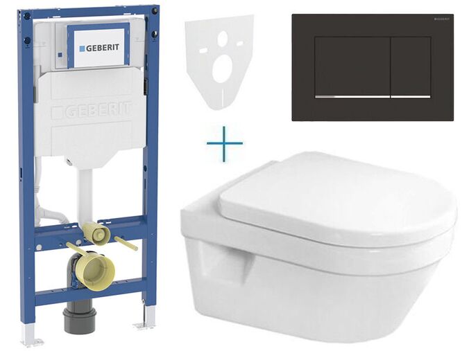Geberit + Villeroy & Boch Set předstěnové instalace Duofix + klozet a sedátko se softclose Villeroy & Boch Architectura + tlačítko Sigma30, černá matná easy-to-clean/chrom lesk