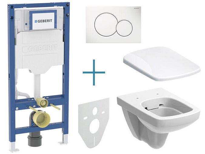 Geberit Set předstěnové instalace Duofix + rimfree klozet a sedátko Selnova Square + tlačítko Sigma01, alpská bílá