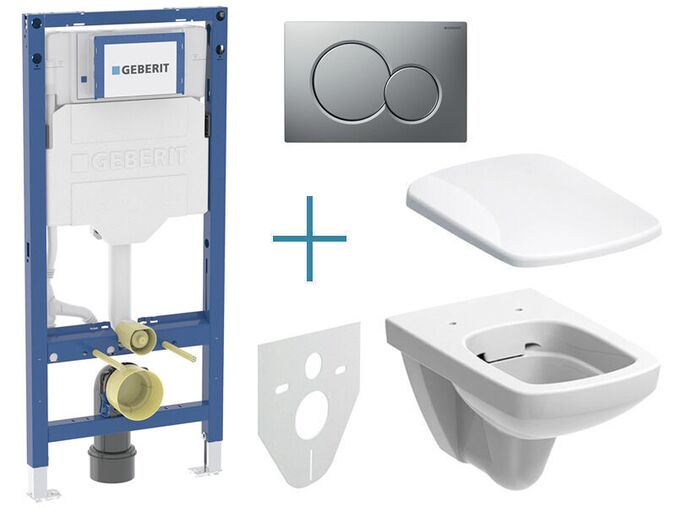 Geberit Set předstěnové instalace Duofix + rimfree klozet a sedátko Selnova Square + tlačítko Sigma01, chrom mat easy-to-clean