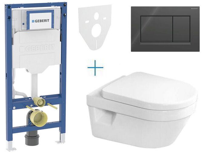 Geberit + Villeroy & Boch Set předstěnové instalace Duofix + klozet a sedátko se softclose Villeroy & Boch Architectura + tlačítko Sigma30, černá lesk/černá mat