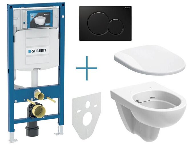 Geberit sada pro závěsné WC 111.300.00.5 IA + rimfree klozet a sedátko Selnova + tlačítko Sigma01, černá