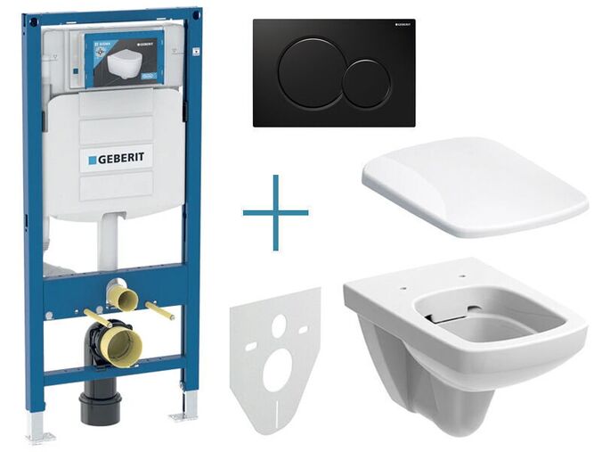 Geberit sada pro závěsné WC 111.300.00.5 JX + rimfree klozet a sedátko Selnova Square + tlačítko Sigma01, černá
