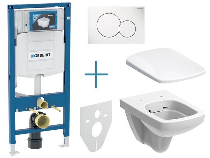 Geberit sada pro závěsné WC 111.300.00.5 JX + rimfree klozet a sedátko Selnova Square + tlačítko Sigma01, alpská bílá