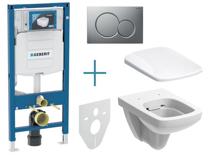 Geberit sada pro závěsné WC 111.300.00.5 JX + rimfree klozet a sedátko Selnova Square + tlačítko Sigma01, lakovaný chrom mat easy-to-clean