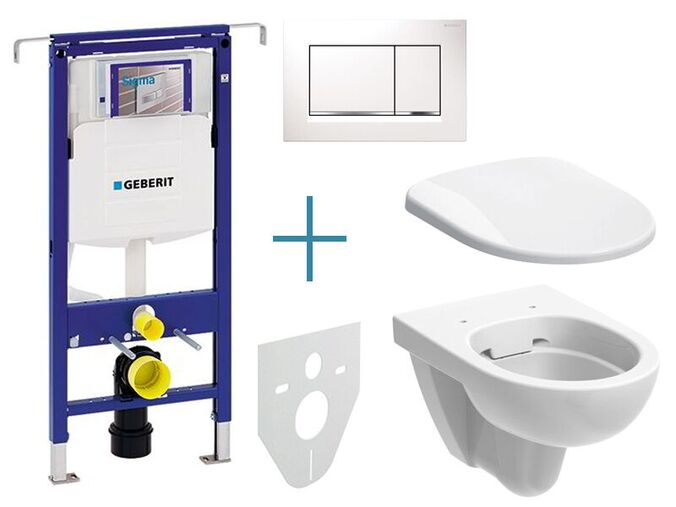 Geberit Duofix Special - sada pro závěsné WC 111.355.00.5 IA + rimfree klozet a sedátko Geberit Selnova + tlačítko Sigma30, bílá/chrom lesk